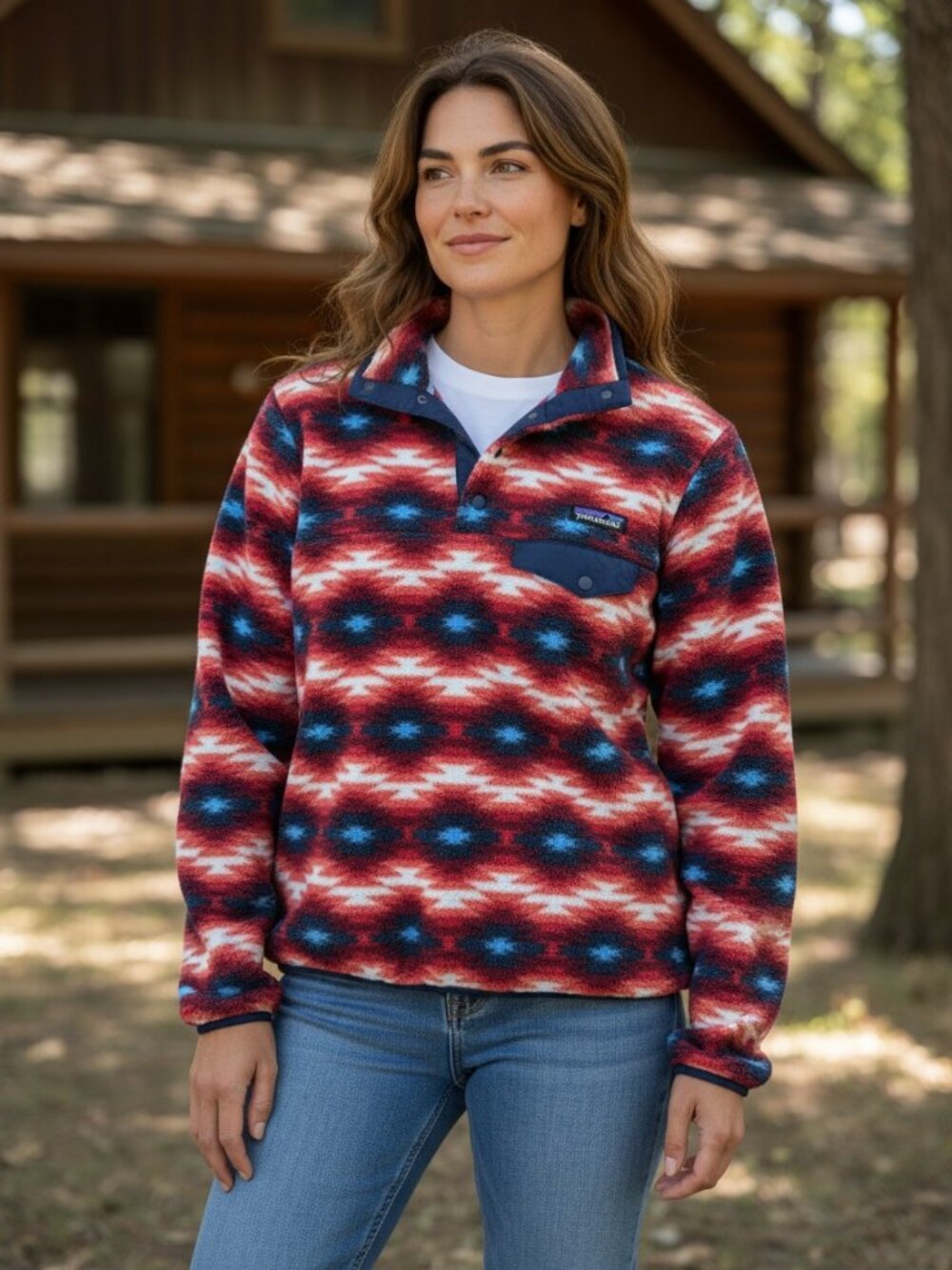 Patagonia Synchilla Snap-T Pullover Women Size S Red Blue Geometric Excellent